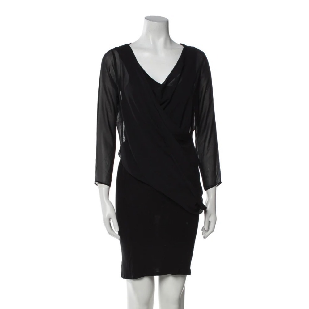 AllSaints Silk Sheath Dress Women XS Black Excellent Cowl Neck Sheer Sleeve